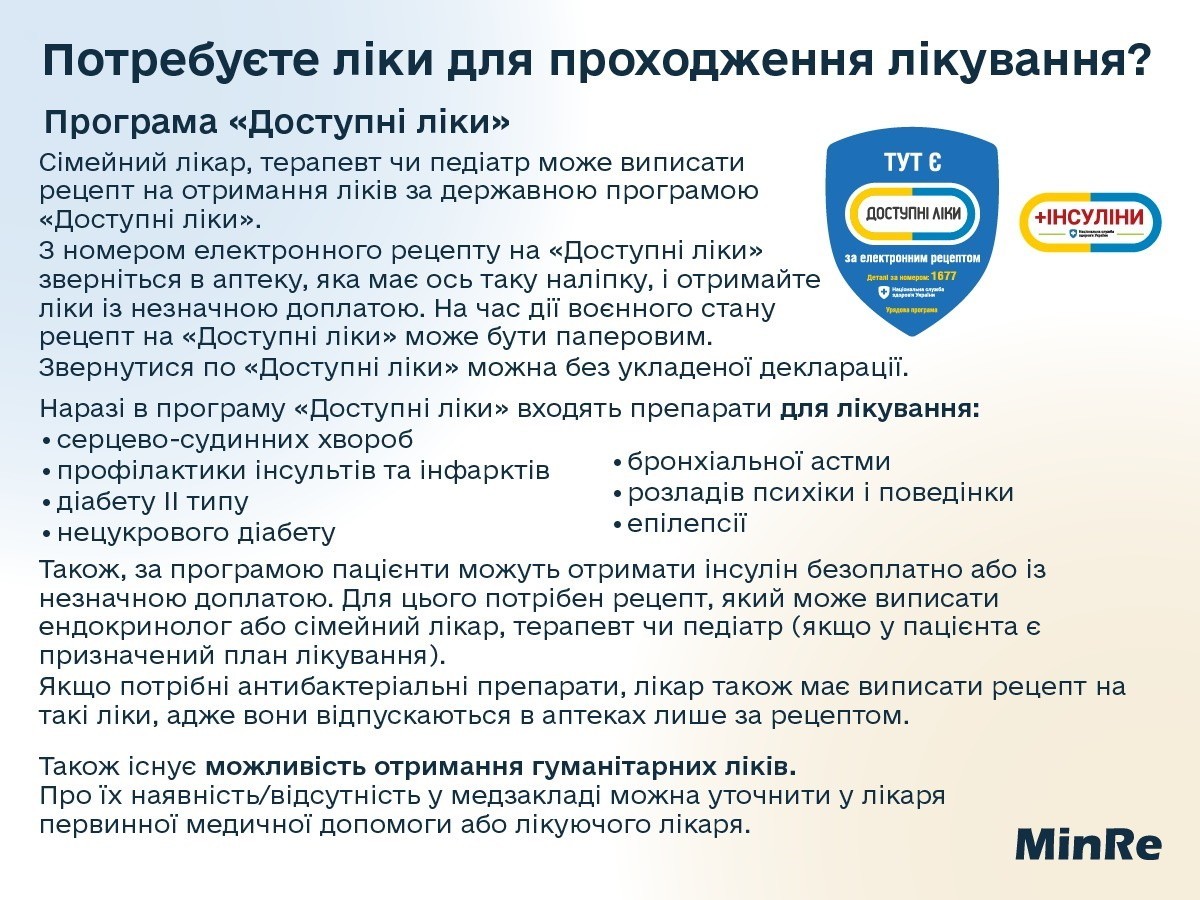 Інформація про можливість отримання безоплатних ліків та медичної допомоги